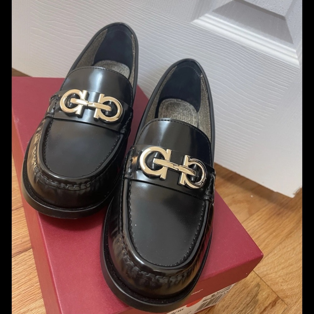 Salvatore Ferragamo Black Loafers with Gold Accent
